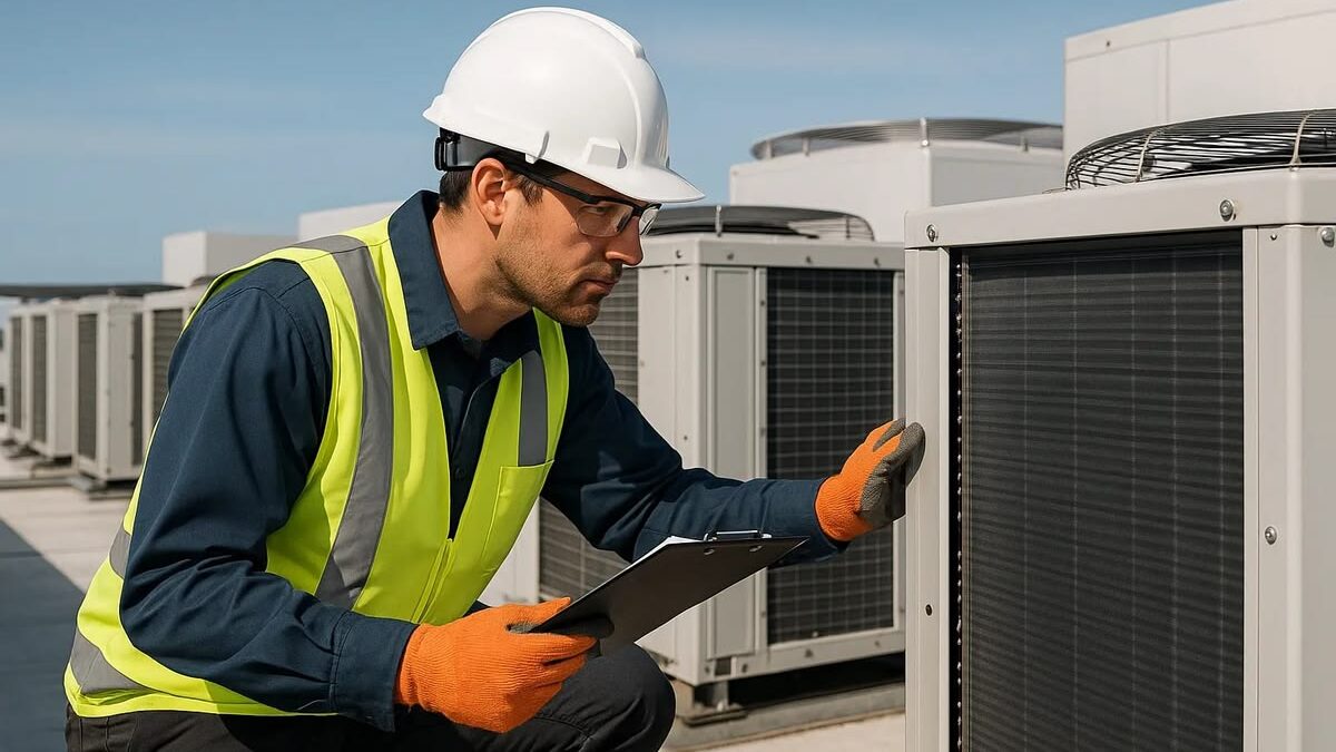 Certified HVAC contractor installing an energy-efficient heating and cooling system in a modern home.