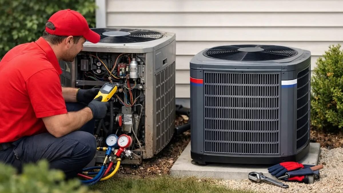Experienced HVAC contractor repairing an indoor air conditioning unit using professional diagnostic tools.