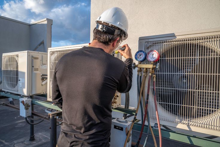 Professional HVAC contractor inspecting a residential heating and cooling system during a routine maintenance visit.