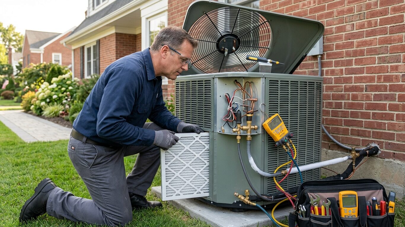 HVAC technician inspecting a residential AC unit during central AC repair in East Meadow service.