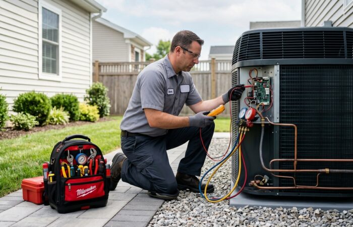 HVAC technician performing central AC repair in East Meadow on a residential air conditioning system.