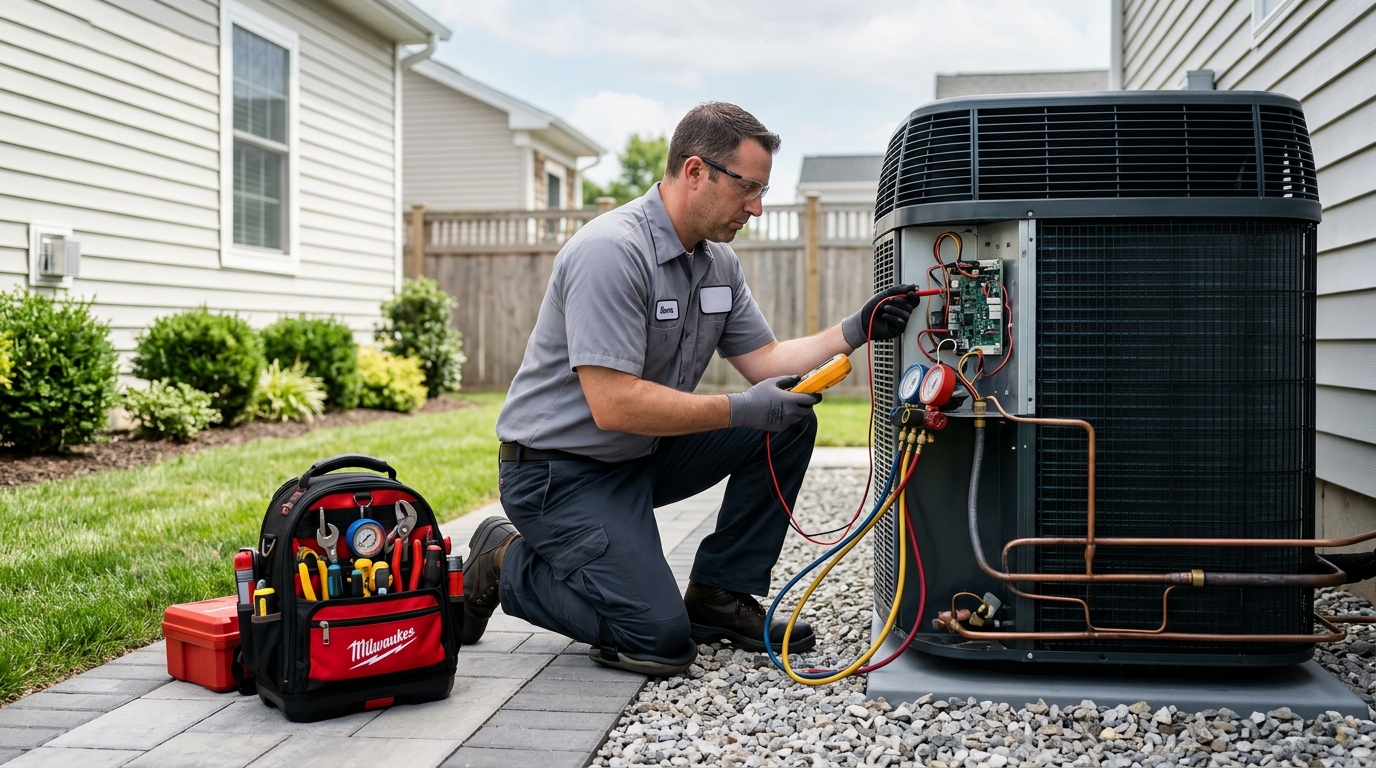 HVAC technician performing central AC repair in East Meadow on a residential air conditioning system.