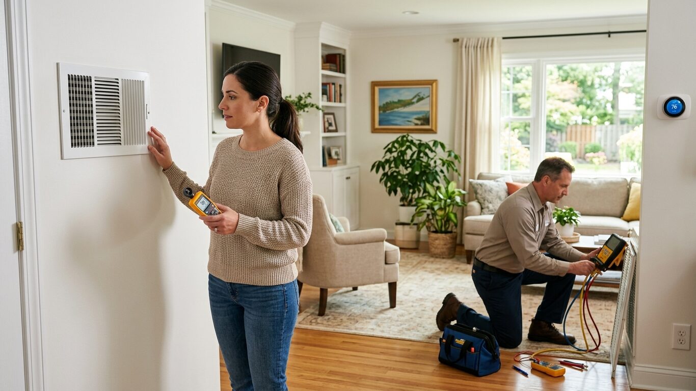 Homeowner experiencing weak airflow before scheduling central AC repair in East Meadow.