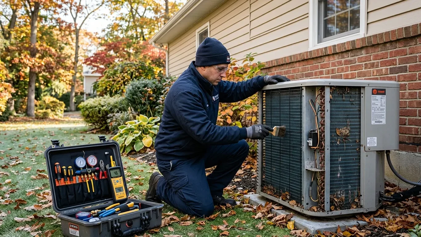 Expert Heat Pump Service in Hempstead, NY performing seasonal maintenance and winter heating system inspections.