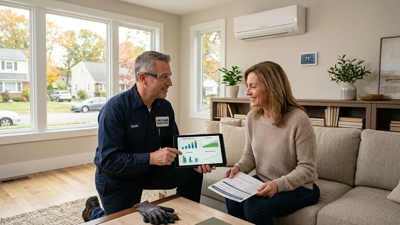 Trusted Heat Pump Service in Hempstead, NY with an HVAC expert discussing system replacement options with a homeowner.