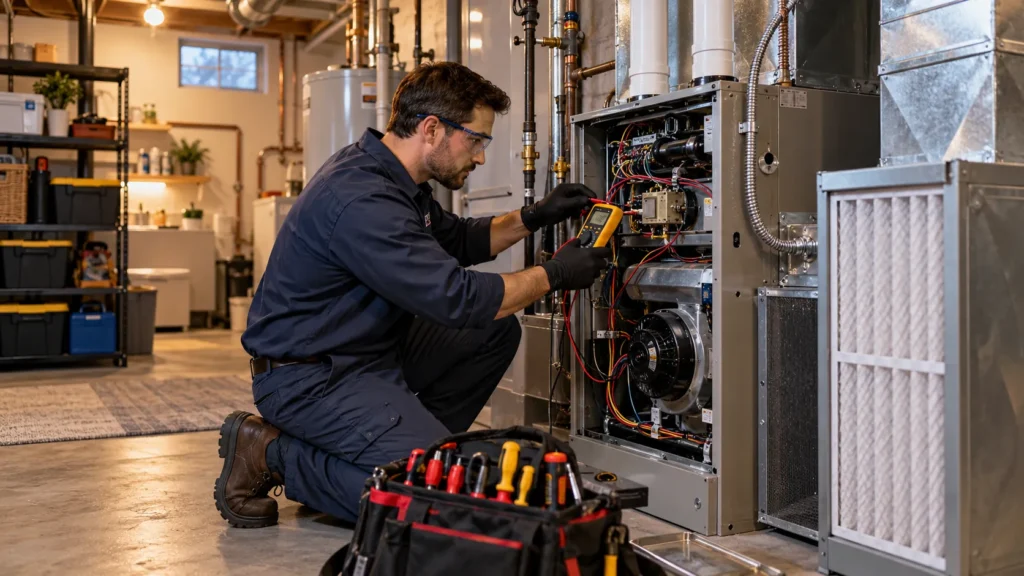 Expert HVAC Contractor in Queens County, NY performing residential furnace inspection and heating system maintenance.
