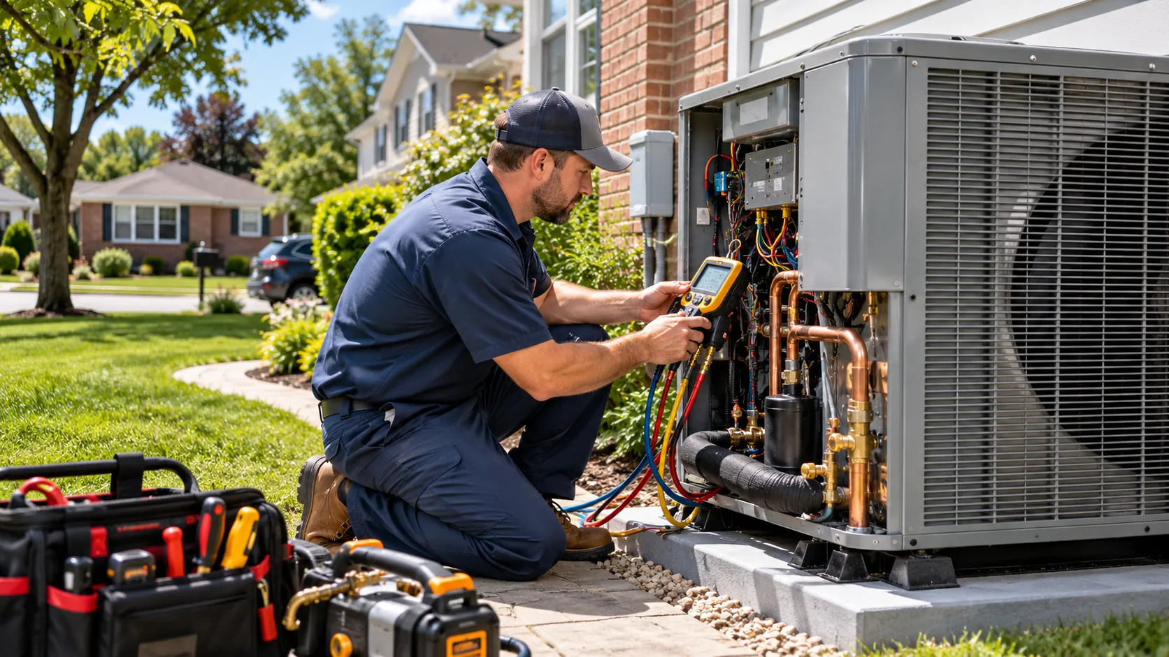 Professional Heat Pump Service in Hempstead, NY with a technician inspecting an outdoor heating and cooling unit.