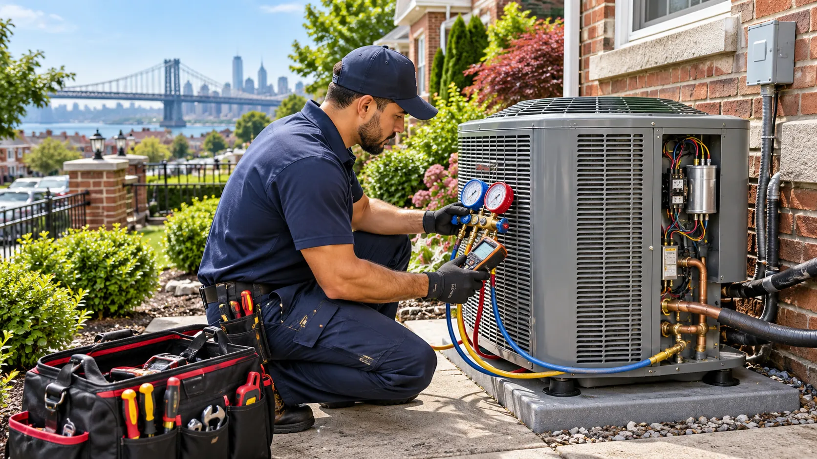 Professional HVAC Contractor in Queens County, NY inspecting a residential air conditioning system for reliable cooling.